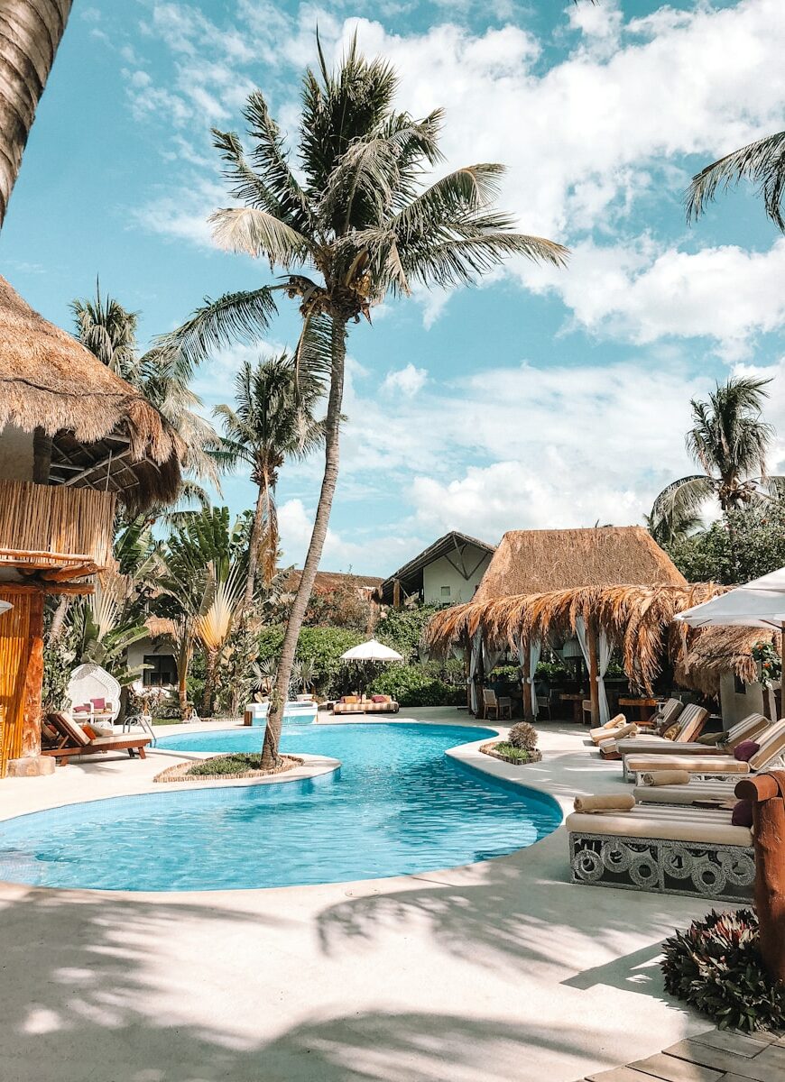 thatch huts and houses by the pool during day
