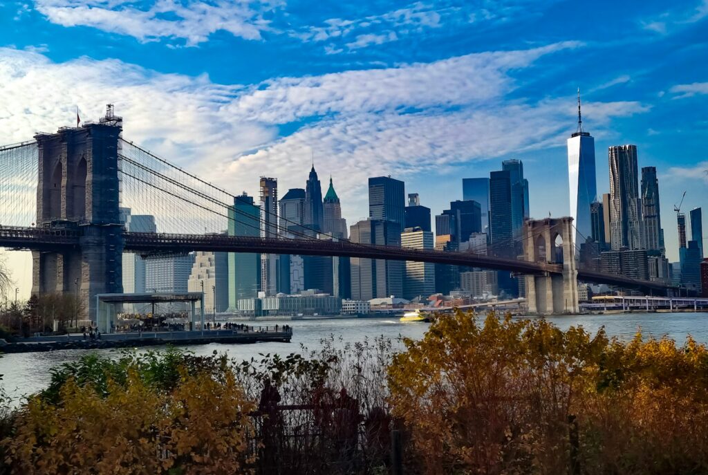 a view of a city skyline with a bridge in the foreground